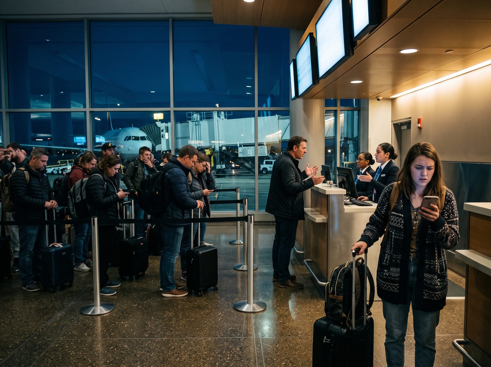 Passageiros aguardando no aeroporto com bagagens